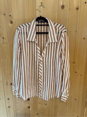 Zara Cream and Brown Vertical Stripe Button-Down Shirt